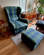 Oorfauteuil met voetenbank groen ruitmotief, Ophalen, Gebruikt