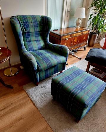 Oorfauteuil met voetenbank groen ruitmotief beschikbaar voor biedingen