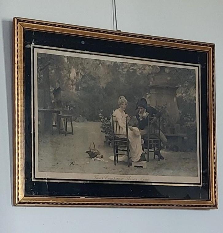 Antiek schilderij 1913 two's company three's none, Antiek en Kunst, Kunst | Schilderijen | Klassiek, Ophalen of Verzenden