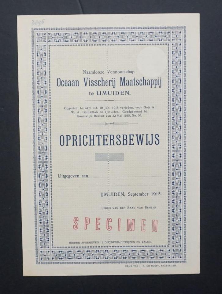 Oceaan Visscherij Maatschappij - IJmuiden 1915, Postzegels en Munten, Aandelen en Waardepapieren, Overige typen, Voor 1920, Verzenden