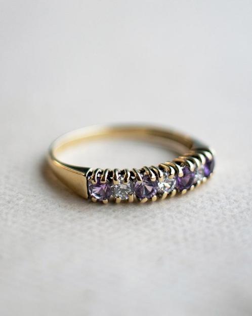 Vintage 9K gouden half eternity ring Amethist & CZ - 17,75, Sieraden, Tassen en Uiterlijk, Ringen, Zo goed als nieuw, Dame, 17 tot 18