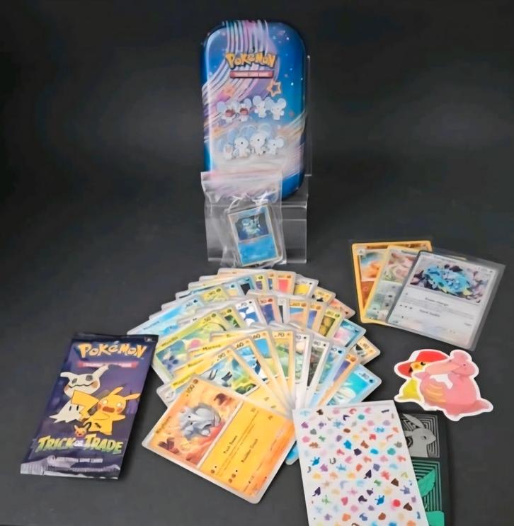 Pokémonpakket met blik, Hobby en Vrije tijd, Verzamelkaartspellen | Pokémon, Zo goed als nieuw, Ophalen of Verzenden