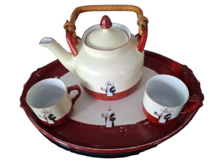 DROSTE CACAOSERVIES (blad +1 pot + 4 kop en schotels), Antiek en Kunst, Antiek | Servies compleet, Ophalen of Verzenden