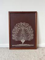 Vintage borduurwerk met pauw, 49,5x36,5cm. Boho bohemian 60s, Huis en Inrichting, Verzenden, Gebruikt