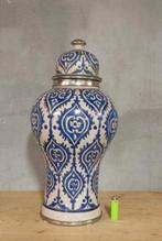 Grote Keramische Dekselpot Blauw-Wit met Metalen Monturen, Ophalen of Verzenden