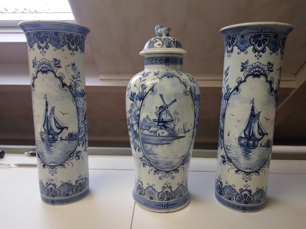 Delfts Blauw Vazen en Pot met Deksel - Boot & Molen, Ophalen