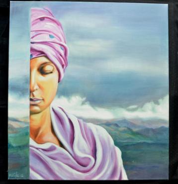 Marijke Venghaus 2012 – Lila Lady, olie schilderij, 100x90cm beschikbaar voor biedingen