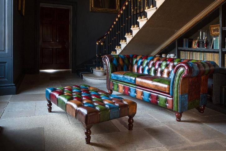 Multicolor chesterfield bank Patchwork antiek leer Henley, Huis en Inrichting, Banken | Bankstellen, Nieuw, 75 tot 100 cm, Leer