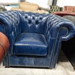 Chesterfield showroommodel fauteuil blauw leer + BEZORGING, ., Chesterfield, Nieuw, Ophalen of Verzenden