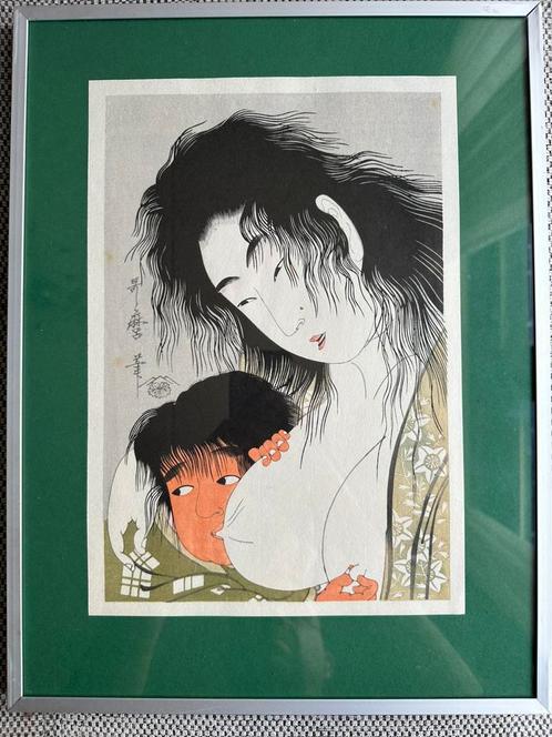 Japanse houtdruk (Ukiyo-e, Utamaro) – Moeder en kind, Antiek en Kunst, Kunst | Litho's en Zeefdrukken, Ophalen of Verzenden