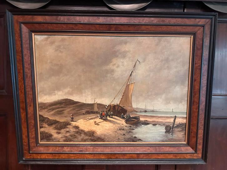 Schilderij: Schepen op het strand, Antiek en Kunst, Kunst | Schilderijen | Klassiek, Ophalen