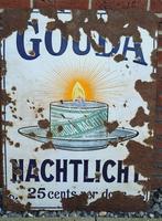 Antiek emaille bord Gouda Nachtlicht, 25 cents per doosje., Ophalen, Reclamebord, Gebruikt, .