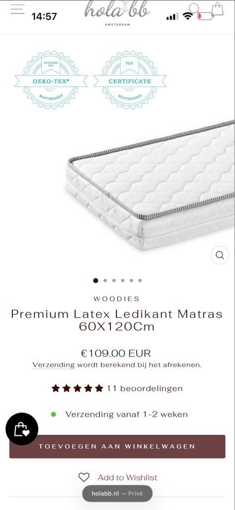 Woodies Hola BB - Premium Latex Matras 60x120cm, Kinderen en Baby's, Kinderkamer | Bedden, Zo goed als nieuw, 140 tot 160 cm, Minder dan 70 cm