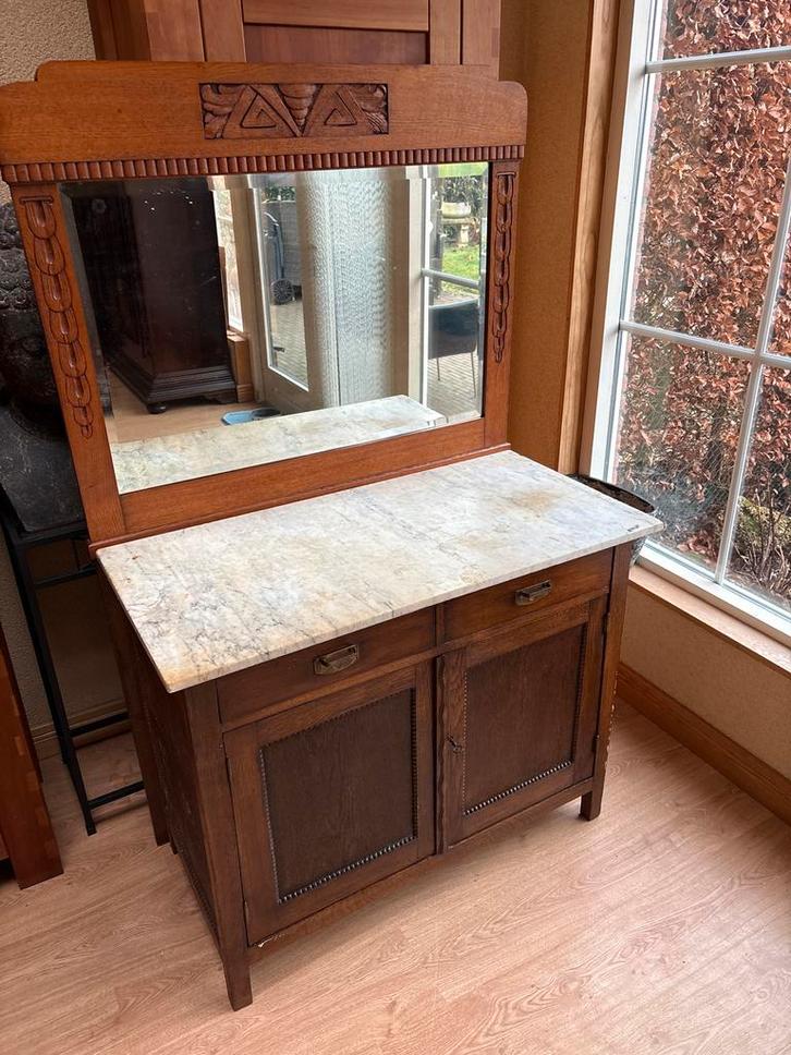 Antiek badkamermeubel met marmeren blad en spiegel, Antiek en Kunst, Antiek | Meubels | Kasten, Ophalen