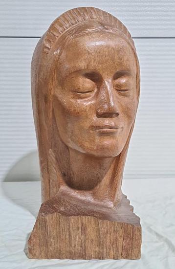 Houten beeld, vrouwen hoofd, Luc Van Parys, Deinze, 1951  beschikbaar voor biedingen