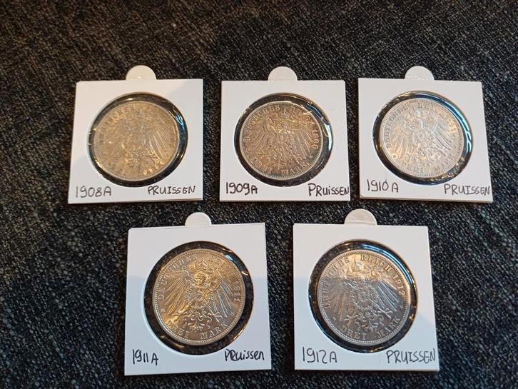 Set 5 stuks 3 Mark Pruisen Duitsland Kwaliteit Zilver, Postzegels en Munten, Munten | Europa | Niet-Euromunten, Setje, Duitsland