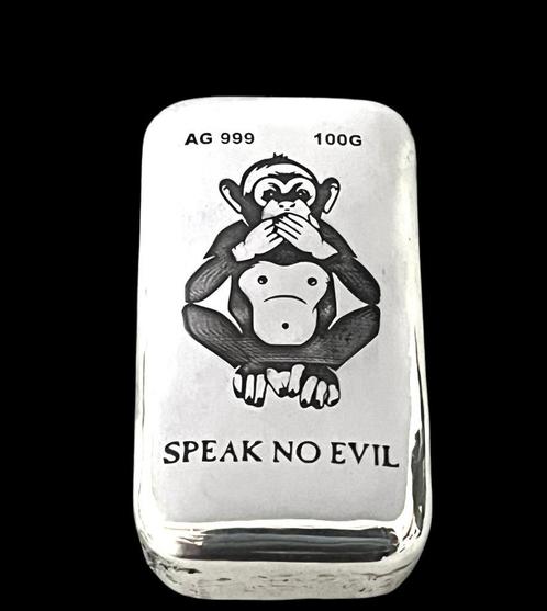 100 gram "Speak no evil " zilverbaar, Postzegels en Munten, Edelmetalen en Baren, Zilver, Ophalen of Verzenden
