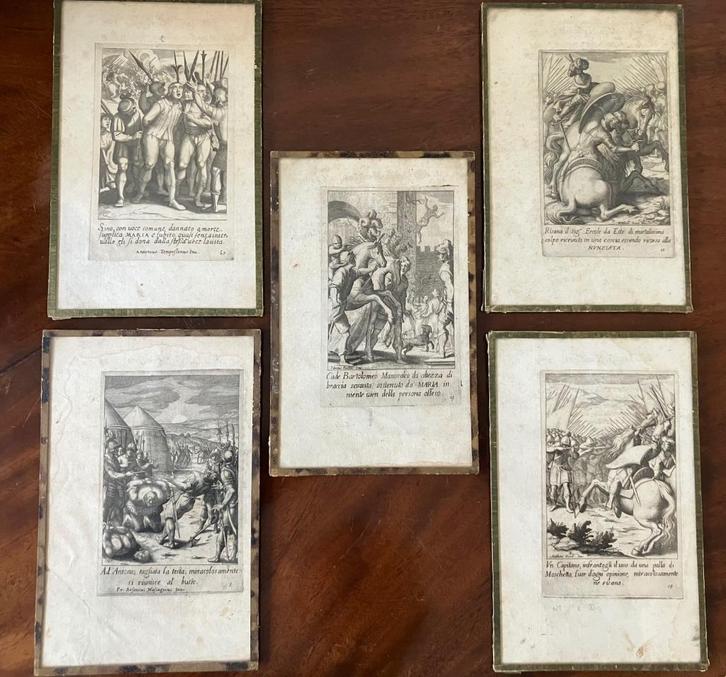 Vijf antieke gravures Italië 17e eeuw in glazen lijstjes, Antiek en Kunst, Kunst | Etsen en Gravures, Ophalen of Verzenden