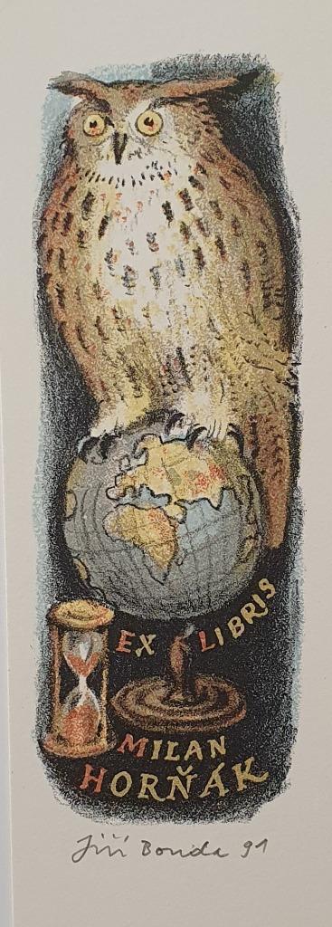 Exlibris /Ex libris J Bouda, Uil oehoe, wereldbol, zandloper, Antiek en Kunst, Kunst | Etsen en Gravures, Verzenden