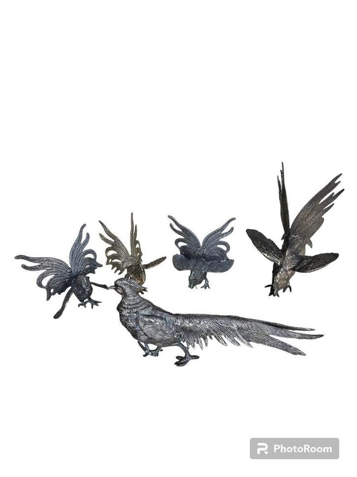 Set of 4 Hanen en Faisant - Verzilverd, Verzamelen, Beelden en Beeldjes, Dier, Ophalen of Verzenden