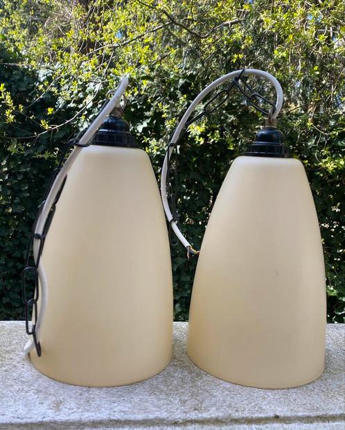 Set van 2 midcentury hanglampen, Huis en Inrichting, Lampen | Hanglampen, Zo goed als nieuw, Minder dan 50 cm, Glas, Ophalen of Verzenden