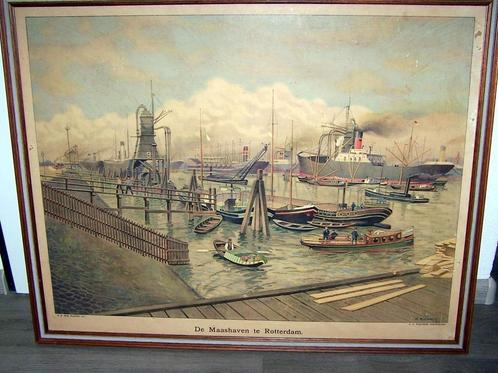 Antieke ingelijste schoolplaat Rotterdam-De Maashaven. 1915., Antiek en Kunst, Antiek | Schoolplaten, Aardrijkskunde, Ophalen of Verzenden