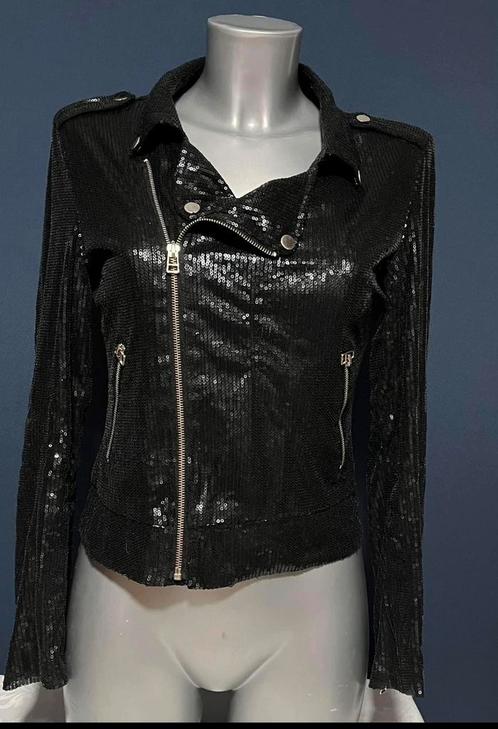 zgan! Zwart stoer bikers look pailetten jasje mt S/M, Kleding | Dames, Jasjes, Kostuums en Pakken, Zo goed als nieuw, Maat 38/40 (M)