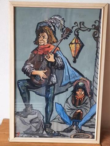 Originele gouache schilderij gesigneerd minstreel beschikbaar voor biedingen