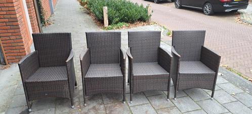 Tuinstoel bruin (4), kussens wit (6), Tuin en Terras, Tuinstoelen, Gebruikt, Plastic, Stapelbaar, Ophalen