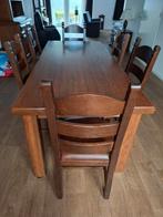 Eiken Tafeltje 2m met 6 stoelen met bruine lederen zitting, Huis en Inrichting, Ophalen, Gebruikt, Eikenhout, 50 tot 100 cm