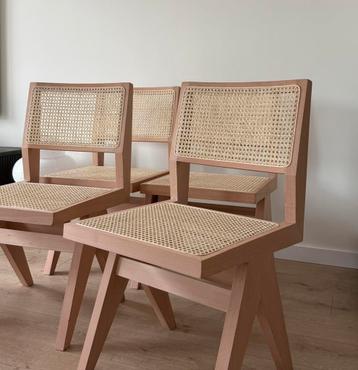 Houten rotan eetkamerstoelen Pierre Jeanneret design 4 stuks beschikbaar voor biedingen