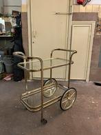 Vintage barcart, serveerwagen of trolley, goud en glas, Huis en Inrichting, Ophalen, Gebruikt, Glas, 25 tot 50 cm