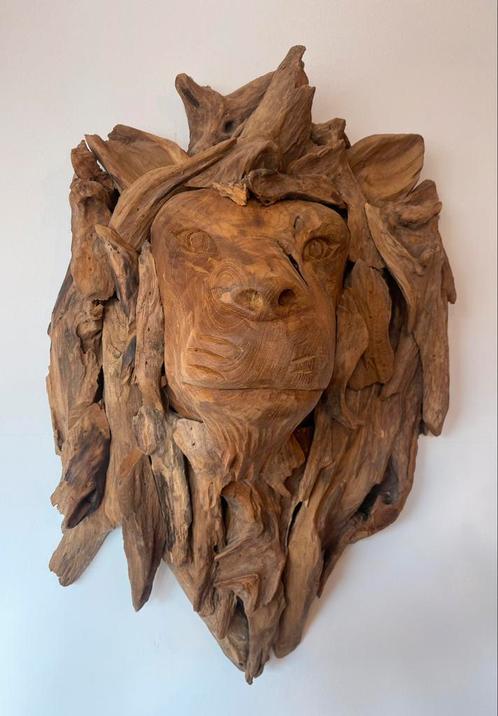 Handgemaakte houten leeuwenkop voor aan de wand 35/60/25, Antiek en Kunst, Kunst | Beelden en Houtsnijwerken, Ophalen of Verzenden