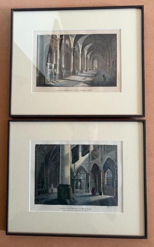 Twee fraaie gravures van kerkinterieurs en praalgraven, Antiek en Kunst, Kunst | Etsen en Gravures, Ophalen of Verzenden