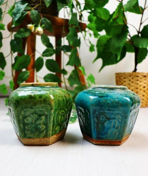 vintage gemberpotten in de kleur groen en turquoise, Tuin en Terras, Bloempotten, Zo goed als nieuw, Aardewerk, Minder dan 25 cm