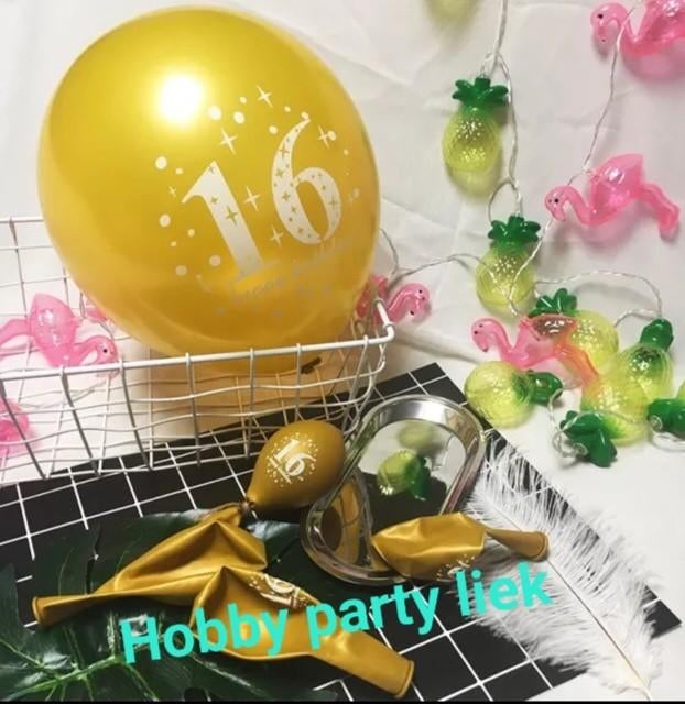Cijfer 16 ballonnen 5x en 5x goudkleurige confetti nr C217, Ophalen of Verzenden, Nieuw, Versiering, Verjaardag