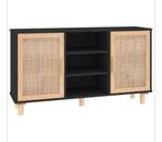Dressoir 105x30x60 cm massief grenen hout en rattan zwart, Huis en Inrichting, Kasten | Dressoirs, Met deur(en), 100 tot 150 cm