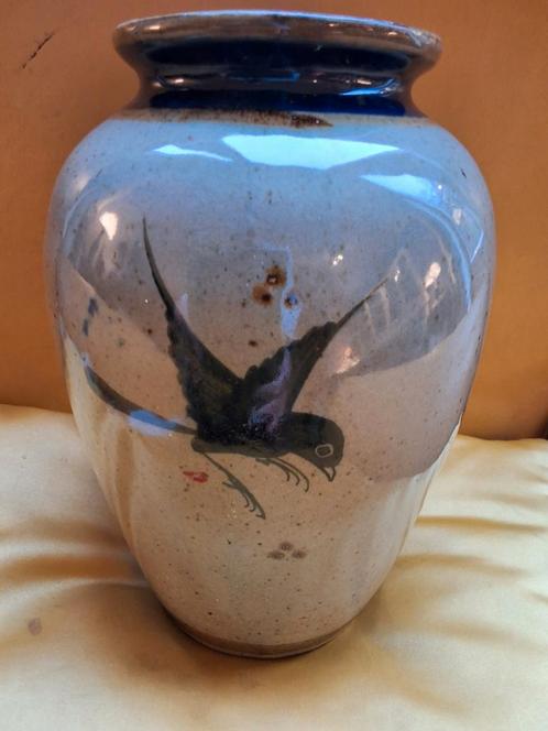 Antiek Keramische Vaas met Vogel en Bloemen onbeschadigd, Antiek en Kunst, Antiek | Vazen, Ophalen of Verzenden