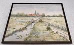 Aquarel schilderij boerenland waterland kerk dorp weilanden, Ophalen of Verzenden