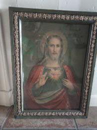 Prachtig oud groen met rood schilderij van Christus 38x52, Antiek en Kunst, Antiek | Religie, Ophalen of Verzenden
