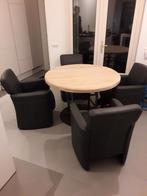 Ronde eettafel met zelfgemaakt frame en dik houten blad., Huis en Inrichting, Tafels | Statafels, Ophalen, Zo goed als nieuw