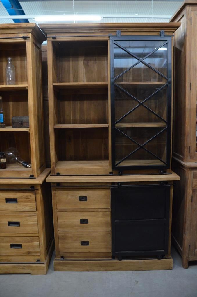 Teak Vitrinekast industrieel 120 cm, Huis en Inrichting, Kasten | Vitrinekasten, Nieuw, 200 cm of meer, 100 tot 150 cm, 25 tot 50 cm