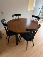 Ronde eettafel uitschuifbaar + 4 zwarte stoelen, Huis en Inrichting, Ophalen, Gebruikt, Rond, 100 tot 150 cm