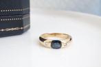 18 Karaat Gouden Saffier Ring Met Diamanten, Ophalen of Verzenden, Zo goed als nieuw, 17 tot 18, Met edelsteen