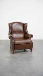Grote donkerbruine gladde rundleren chesterfield oorfauteuil, Huis en Inrichting, Fauteuils, Ophalen, Gebruikt, ., .