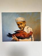Olieverf schilderij Jongen met haan gesigneerd Mujtaba 2013, Ophalen