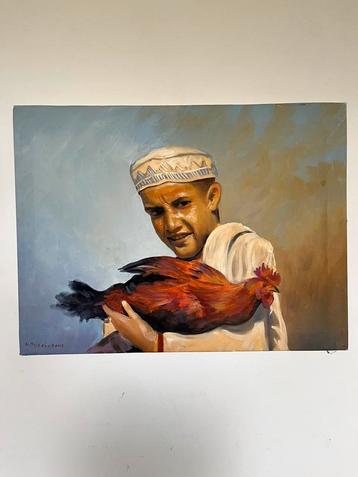 Olieverf schilderij Jongen met haan gesigneerd Mujtaba 2013 beschikbaar voor biedingen