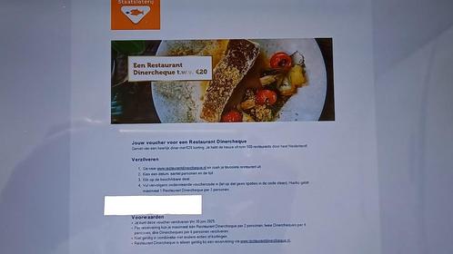 Restaurant dinercheque t.w.v. €20, Tickets en Kaartjes, Kortingen en Cadeaubonnen, Twee personen, Overige typen, Cadeaubon