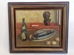 Stilleven met vis, fles en borstbeeld – Olie op doek, Antiek en Kunst, Kunst | Schilderijen | Klassiek, Ophalen