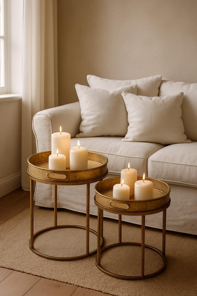 Set van 2 LOBERON goudkleurige metalen Bijzettafels, Huis en Inrichting, Tafels | Bijzettafels, Zo goed als nieuw, Rond, 45 tot 60 cm